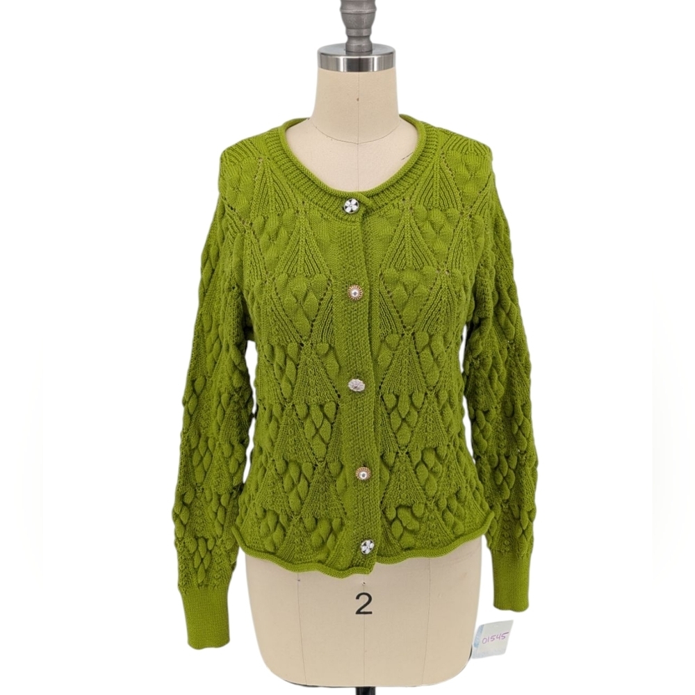 01545 Women's Bubble Knit Cardigan Sweater Green Size Small/Medium flower button